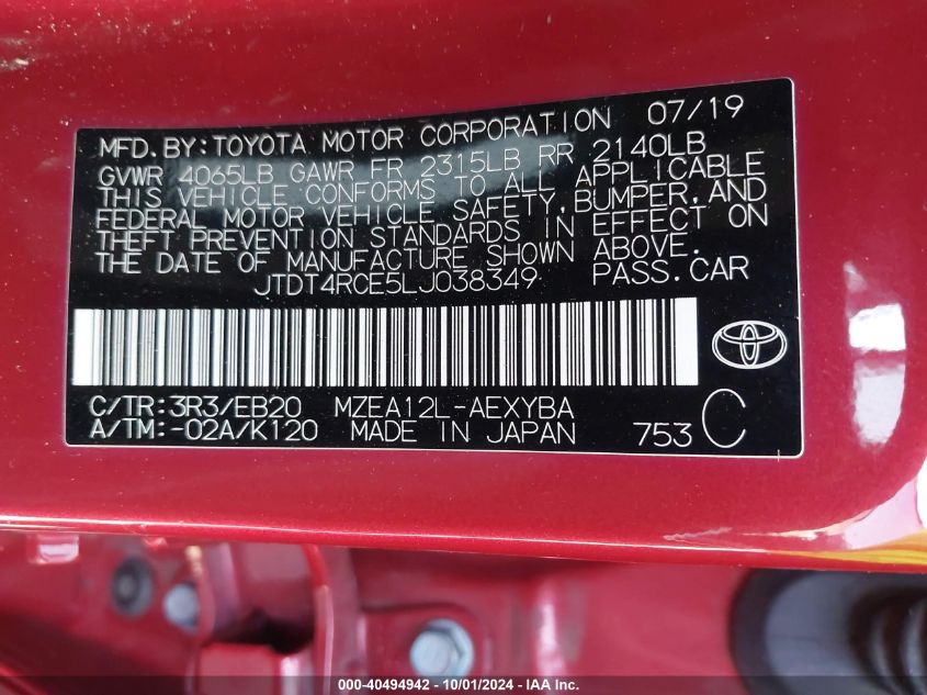 2020 Toyota Corolla Xse VIN: JTDT4RCE5LJ038349 Lot: 40494942