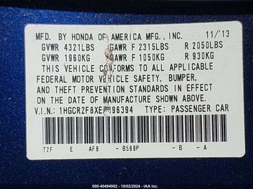 1HGCR2F8XEA096394 2014 Honda Accord Ex-L