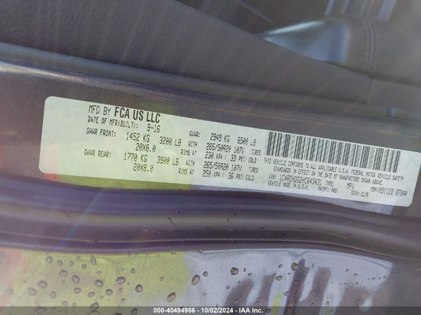 1C4RDHDG2HC643431 2017 Dodge Durango Gt Rwd