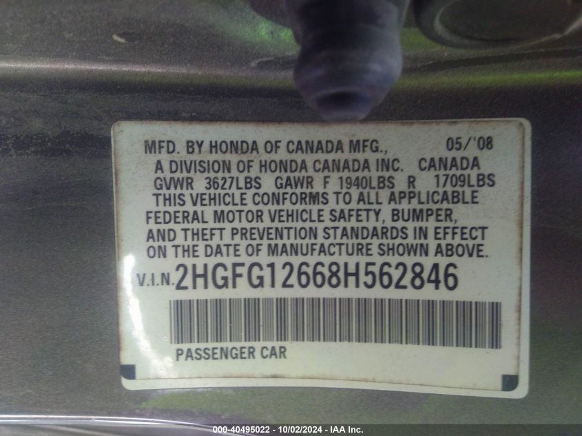 2HGFG12668H562846 2008 Honda Civic Lx