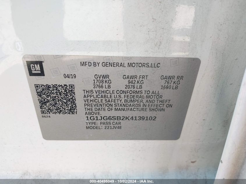 1G1JG6SB2K4139102 2019 Chevrolet Sonic Lt Auto