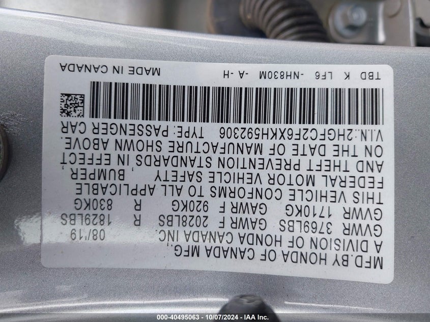VIN 2HGFC2F6XKH592306 2019 HONDA CIVIC LX