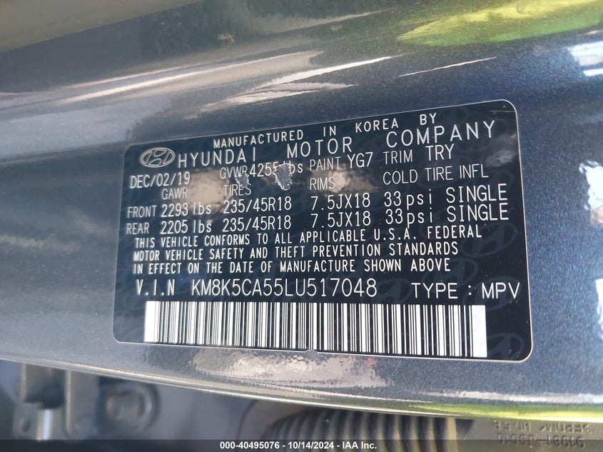 2020 HYUNDAI KONA VIN: KM8K5CA55LU517048