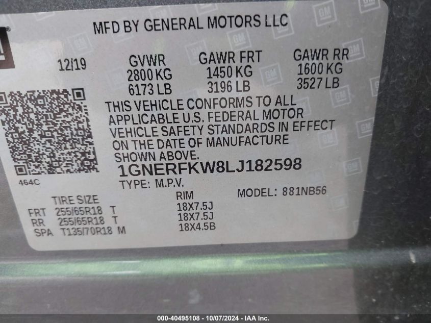 VIN 1GNERFKW8LJ182598 2020 Chevrolet Traverse, Fwd Ls no.9