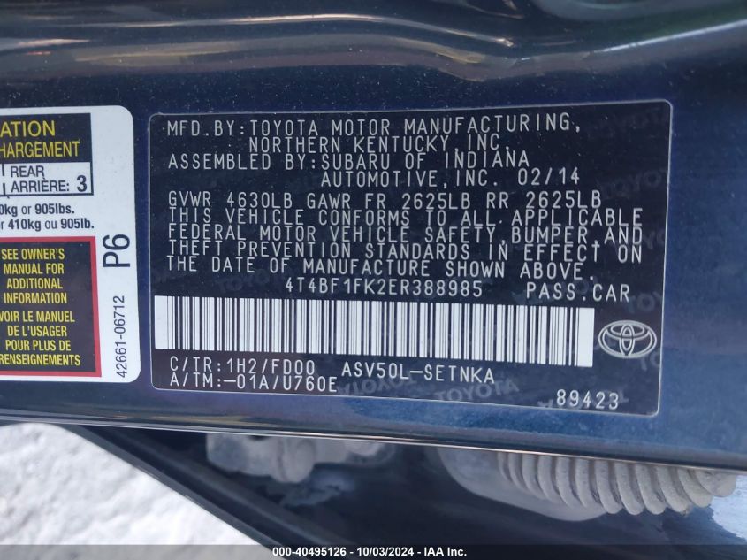 4T4BF1FK2ER388985 2014 Toyota Camry Le