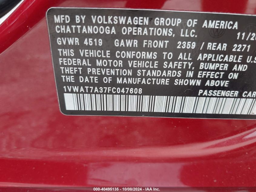 2015 Volkswagen Passat 1.8T Wolfsburg Edition VIN: 1VWAT7A37FC047608 Lot: 40495135