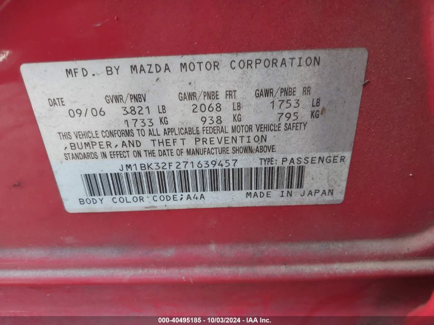 JM1BK32F271639457 2007 Mazda Mazda3 I