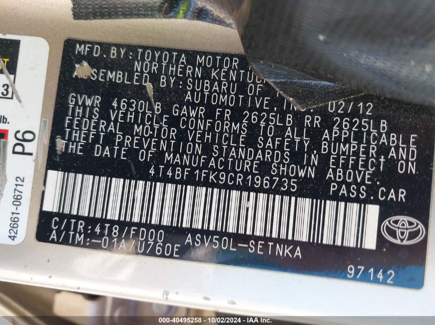 4T4BF1FK9CR196735 2012 Toyota Camry Le