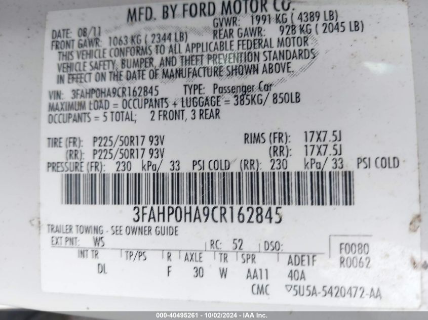 2012 Ford Fusion Se VIN: 3FAHP0HA9CR162845 Lot: 40495261