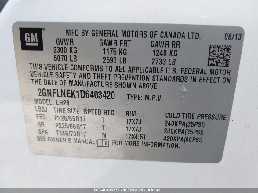 2GNFLNEK1D6403420 2013 Chevrolet Equinox 2Lt