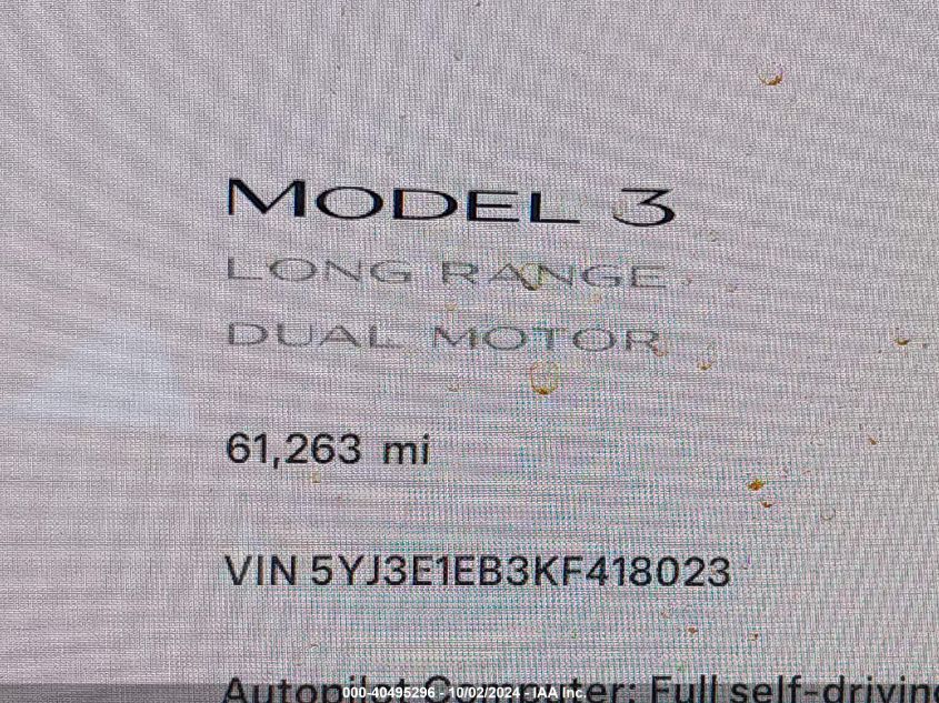 2019 Tesla Model 3 Long Range/Performance VIN: 5YJ3E1EB3KF418023 Lot: 40495296