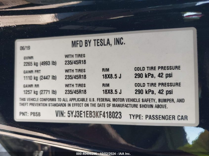 5YJ3E1EB3KF418023 2019 Tesla Model 3 Long Range/Performance