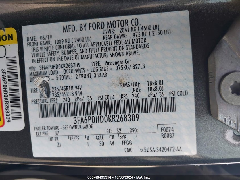 2019 FORD FUSION VIN: 3FA6P0HD0KR268309