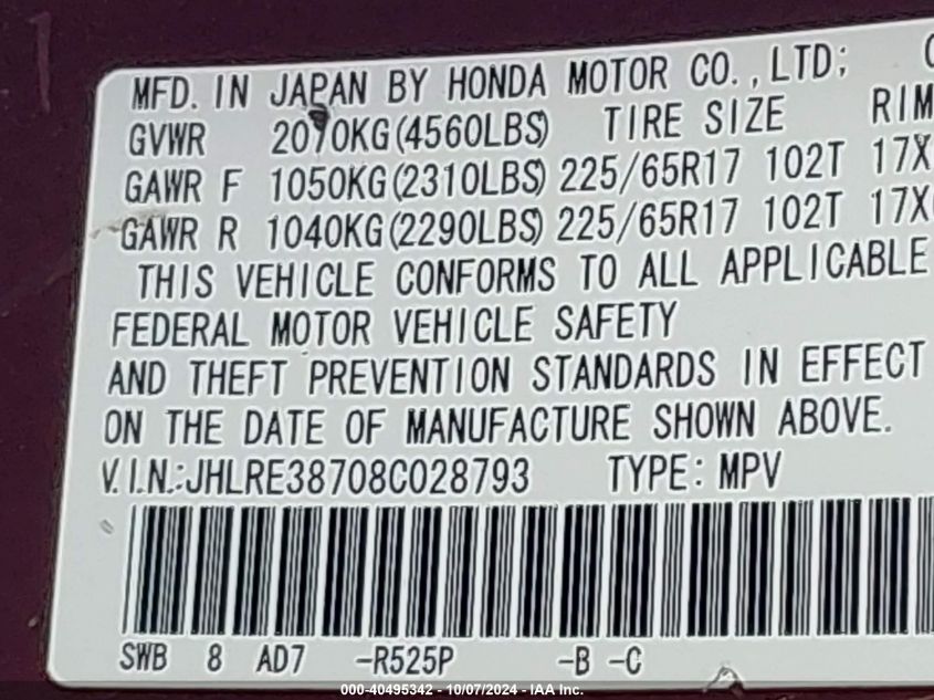 2008 Honda Cr-V Ex-L VIN: JHLRE38708C028793 Lot: 40495342