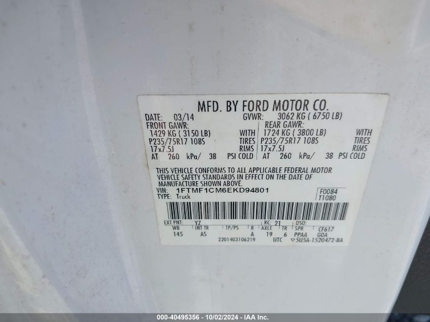 2014 Ford F-150 Xl VIN: 1FTMF1CM6EKD94801 Lot: 40495356