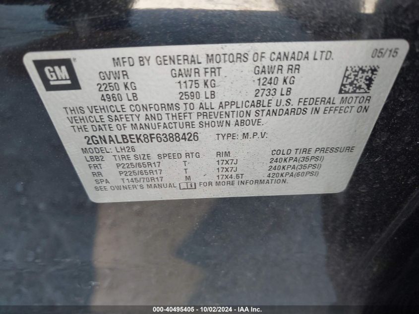 2GNALBEK8F6388426 2015 Chevrolet Equinox 1Lt