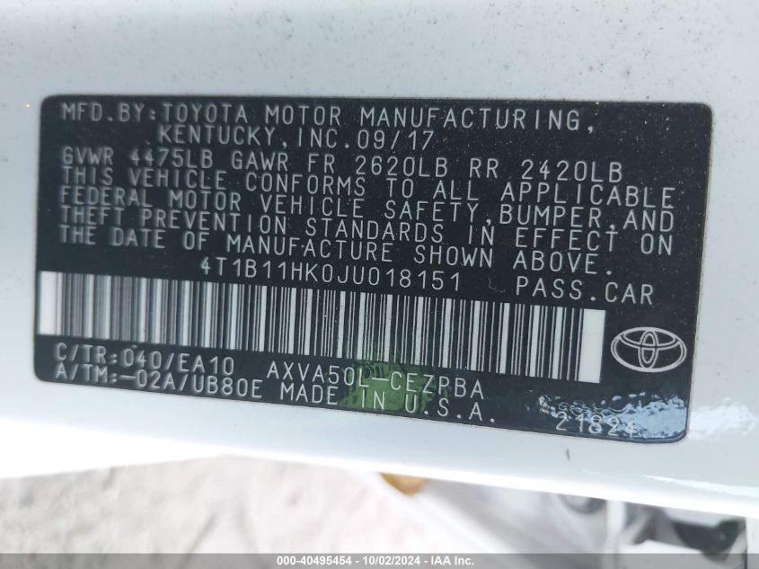 4T1B11HK0JU018151 2018 Toyota Camry Se