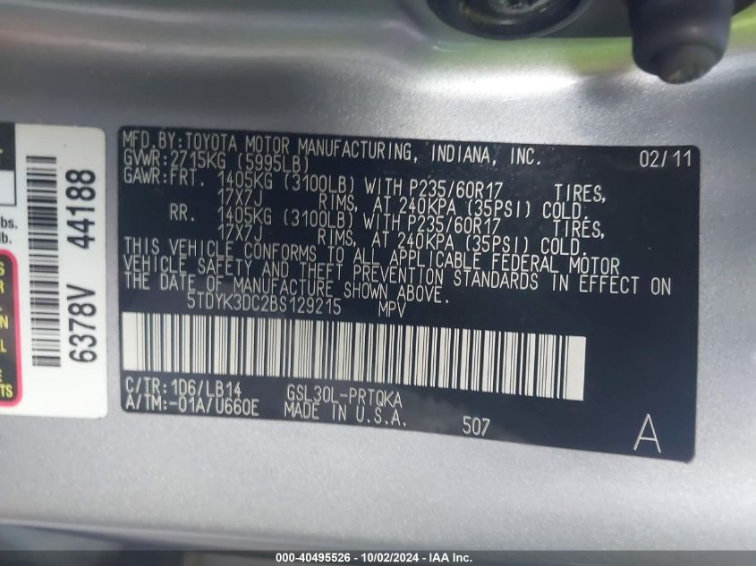 5TDYK3DC2BS129215 2011 Toyota Sienna Xle V6