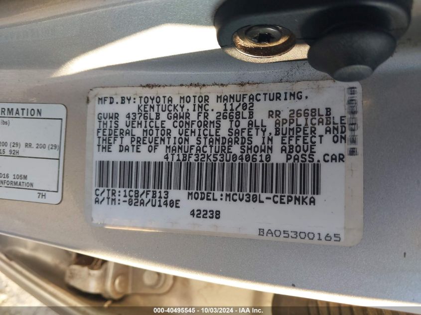 4T1BF32K53U040610 2003 Toyota Camry Le V6