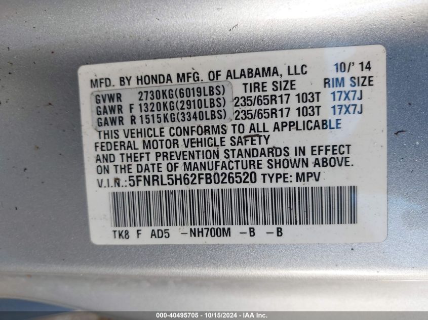 2015 Honda Odyssey Ex-L VIN: 5FNRL5H62FB026520 Lot: 40495705