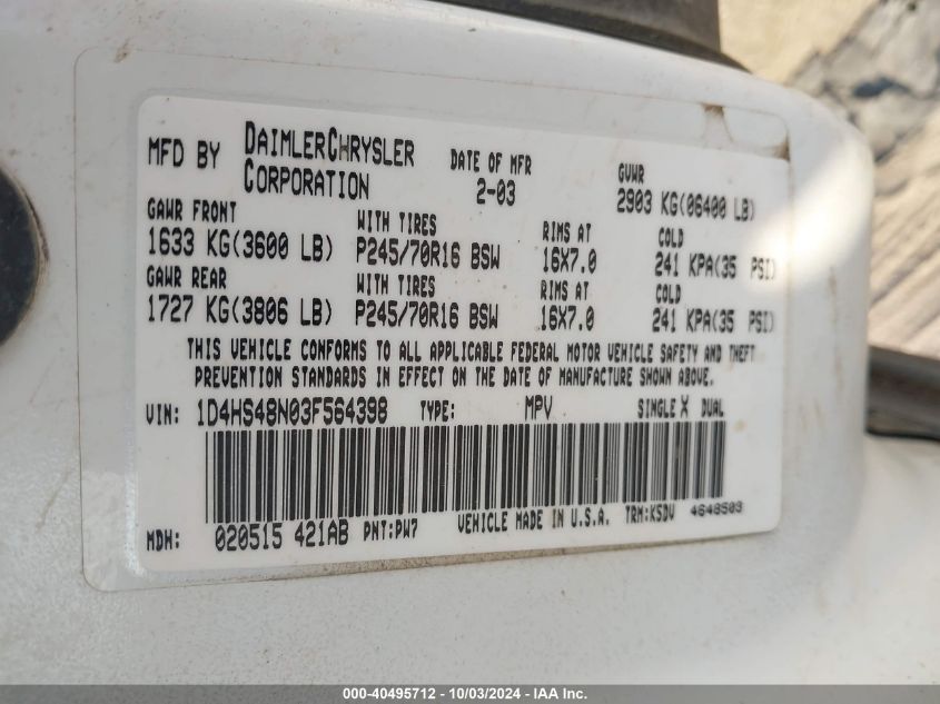 1D4HS48N03F564398 2003 Dodge Durango Slt