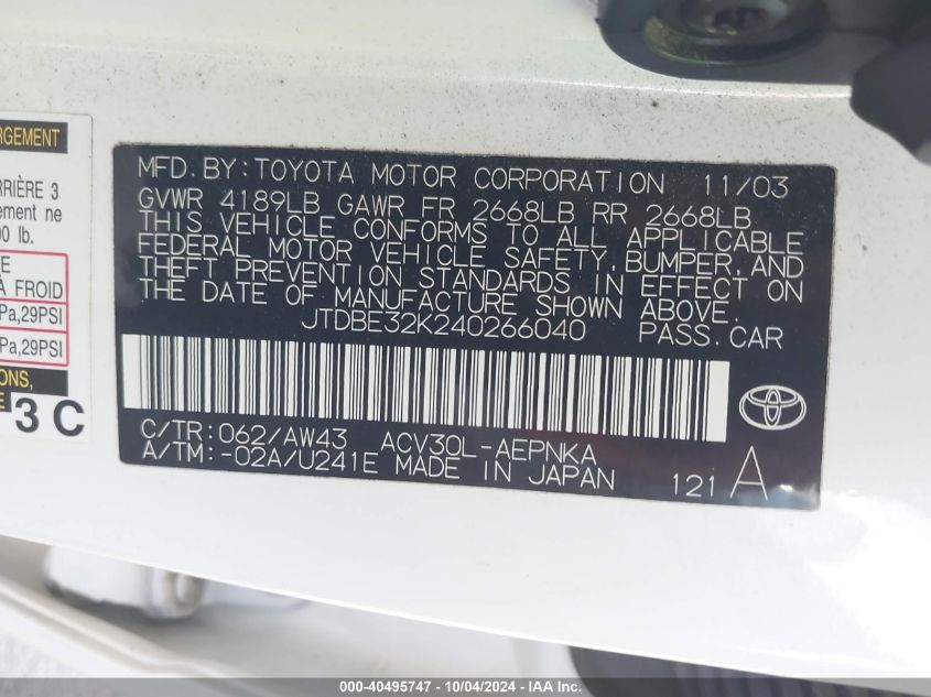 JPDBE32K240266040 2004 Toyota Camry