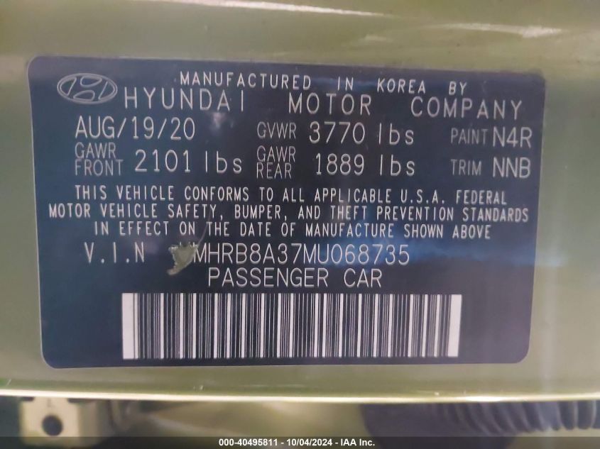 2021 Hyundai Venue Se VIN: KMHRB8A37MU068735 Lot: 40495811