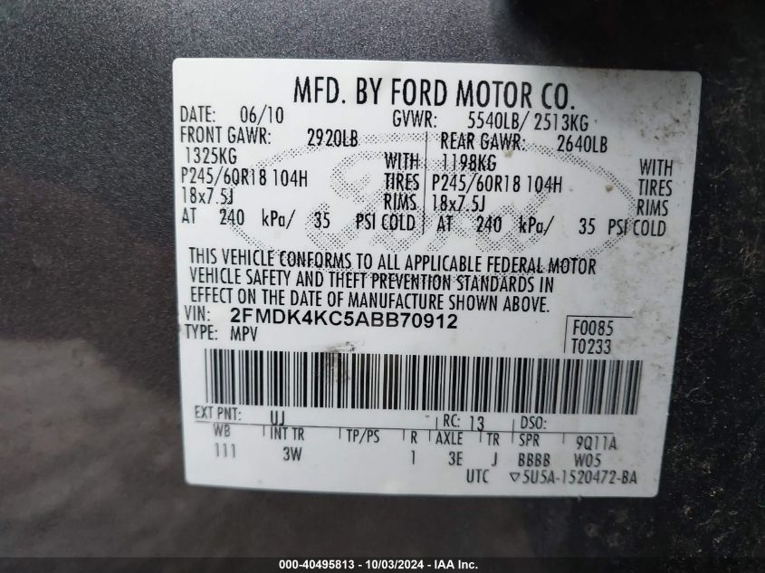 2FMDK4KC5ABB70912 2010 Ford Edge Limited