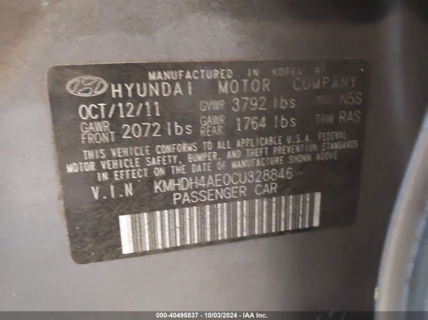 KMHDH4AE0CU328846 2012 Hyundai Elantra Gls (Ulsan Plant)