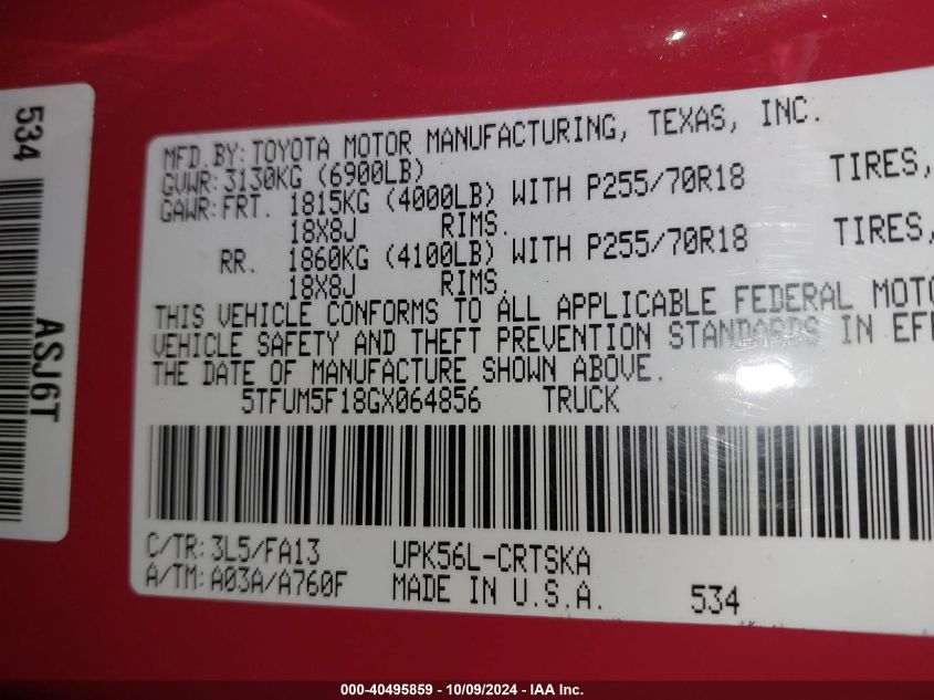 5TFUM5F18GX064856 2016 Toyota Tundra Sr 4.6L V8