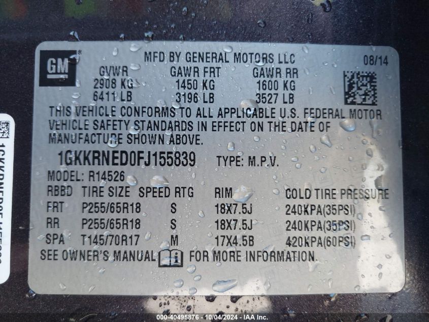 1GKKRNED0FJ155839 2015 GMC Acadia Sle-1