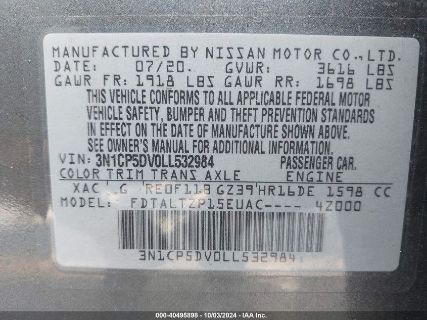 3N1CP5DV0LL532984 2020 Nissan Kicks Sr Xtronic Cvt