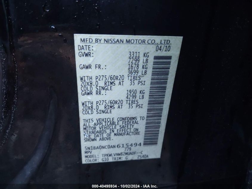 5N1BA0NC0AN615494 2010 Nissan Armada Titanium