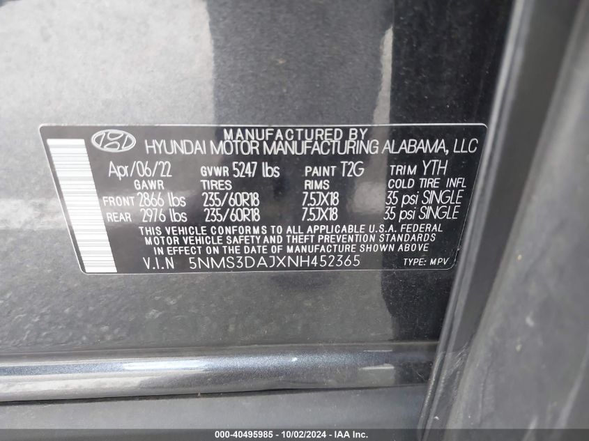 2022 Hyundai Santa Fe Sel VIN: 5NMS3DAJXNH452365 Lot: 40495985