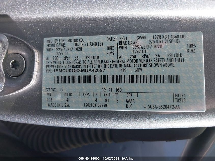 2021 Ford Escape Se VIN: 1FMCU0G6XMUA42097 Lot: 40496000