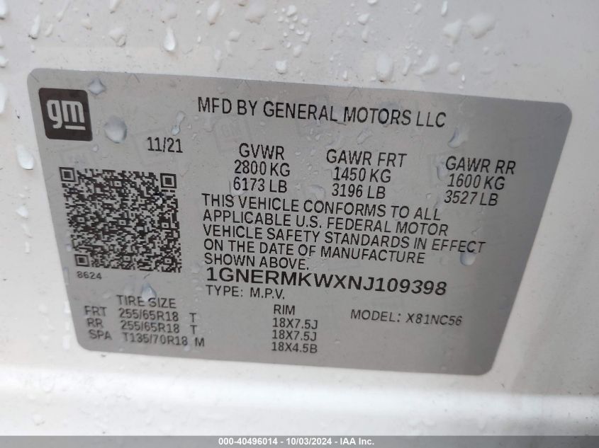 2022 Chevrolet Traverse Fwd 2Fl Cloth VIN: 1GNERMKWXNJ109398 Lot: 40496014