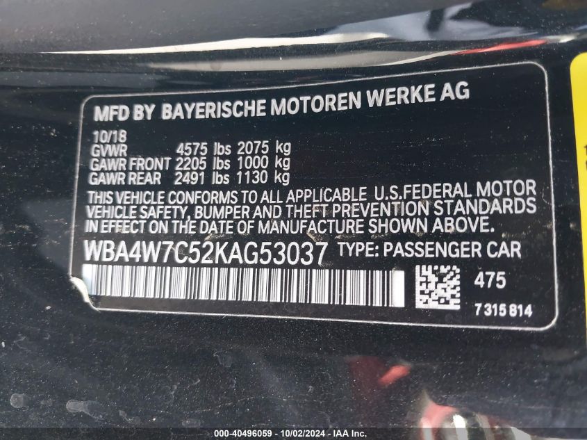 2019 BMW 440I VIN: WBA4W7C52KAG53037 Lot: 40496059