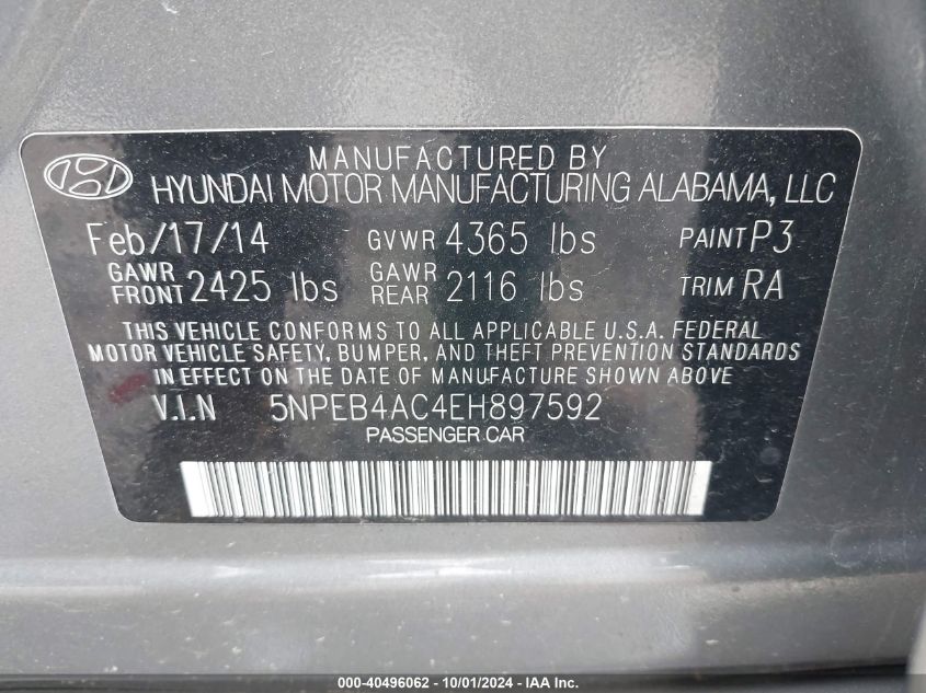 5NPEB4AC4EH897592 2014 Hyundai Sonata Gls