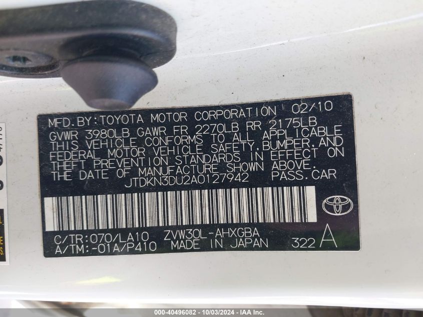 2010 Toyota Prius Iv VIN: JTDKN3DU2A0127942 Lot: 40496082