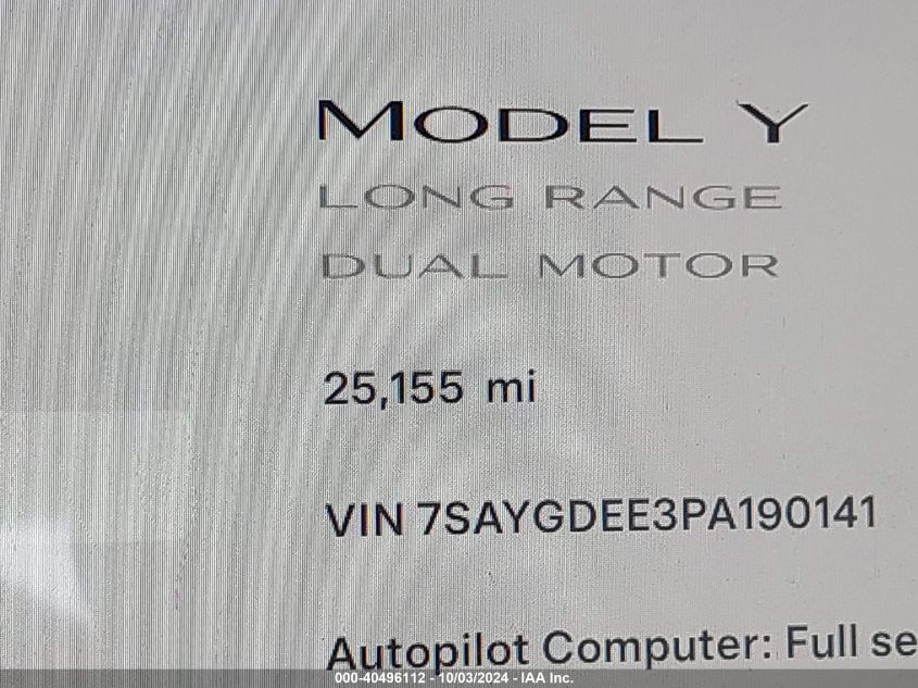 7SAYGDEE3PA190141 2023 Tesla Model Y Awd/Long Range Dual Motor All-Wheel Drive