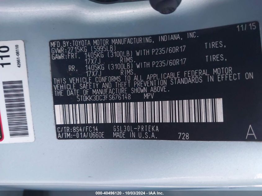 5TDKK3DC3FS676148 2015 Toyota Sienna Le/Le 8 Passenger