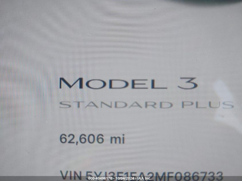 2021 Tesla Model 3 Standard Range Plus Rear-Wheel Drive VIN: 5YJ3E1EA2MF086733 Lot: 40496170