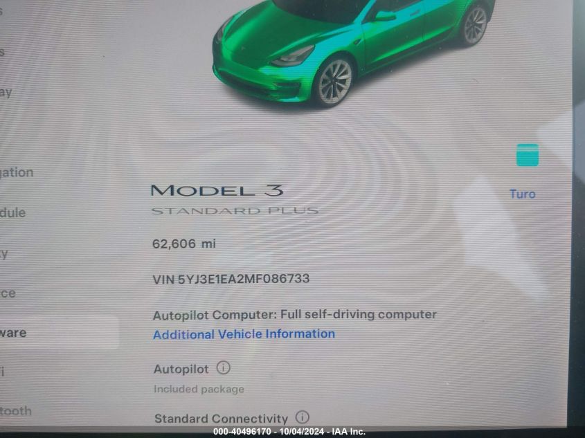 2021 Tesla Model 3 Standard Range Plus Rear-Wheel Drive VIN: 5YJ3E1EA2MF086733 Lot: 40496170