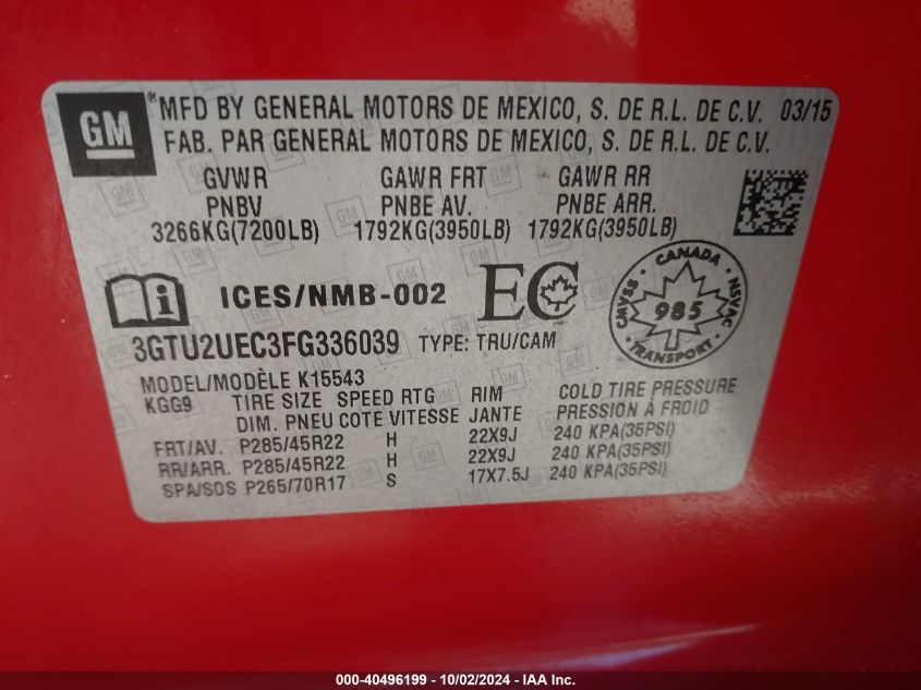 3GTU2UEC3FG336039 2015 GMC Sierra 1500 Sle