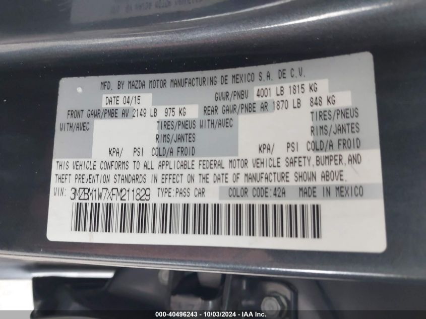 3MZBM1W7XFM211829 2015 Mazda Mazda3 I Grand Touring