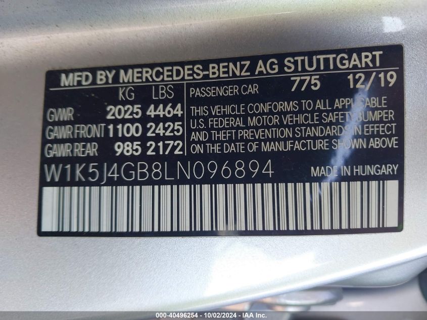 W1K5J4GB8LN096894 2020 Mercedes-Benz Cla 250