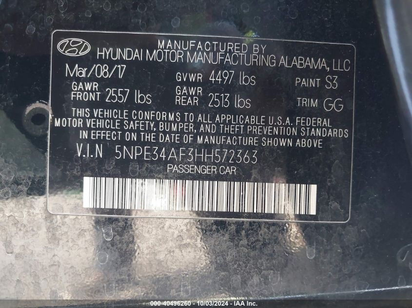 5NPE34AF3HH572363 2017 Hyundai Sonata Sport