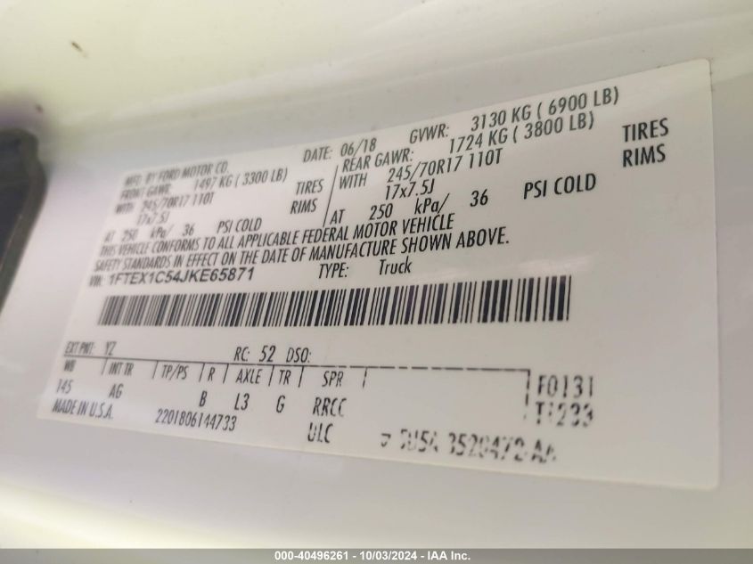 VIN 1FTEX1C54JKE65871 2018 FORD F-150 XL