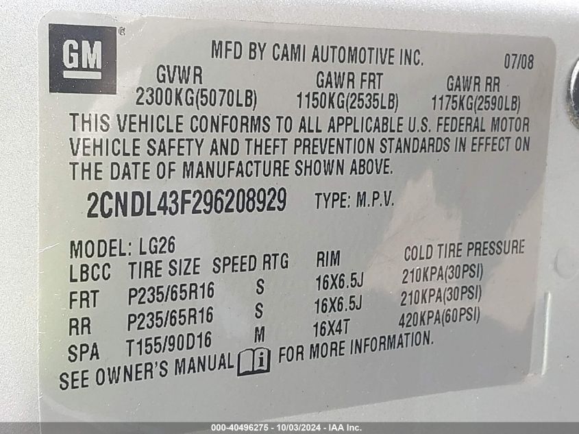 2CNDL43F296208929 2009 Chevrolet Equinox Lt