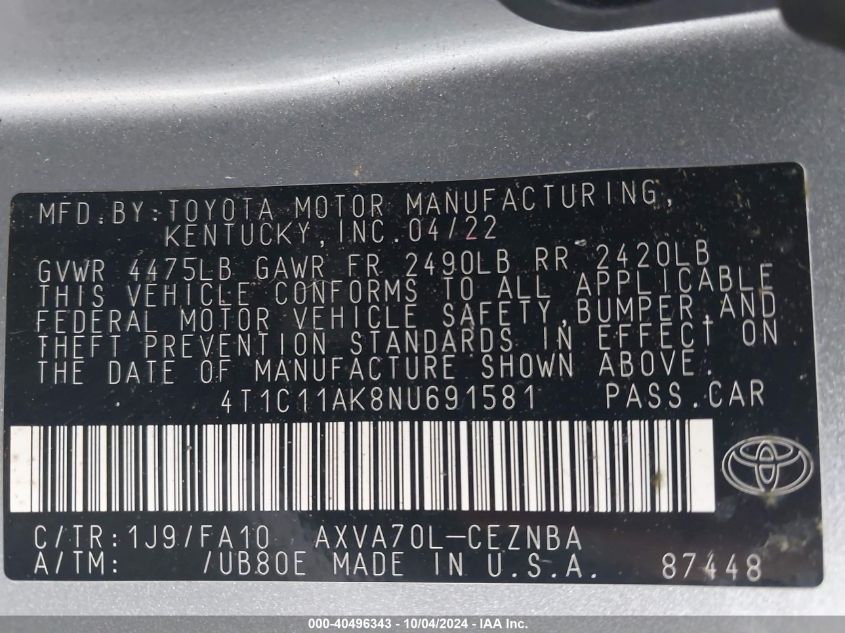 4T1C11AK8NU691581 2022 Toyota Camry Le